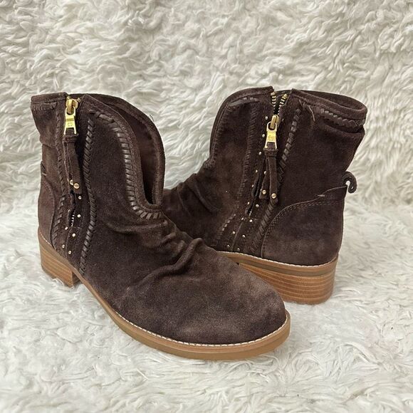 Latigo Brown Cressa Suede Ankle Boots Suede,‎ Side Zip Ruched Studded size 10M - Picture 1 of 9